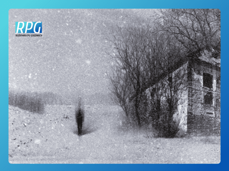 "Nie ma wędrowca" - fragment okładki z postacią na tle zimowego krajobrazu